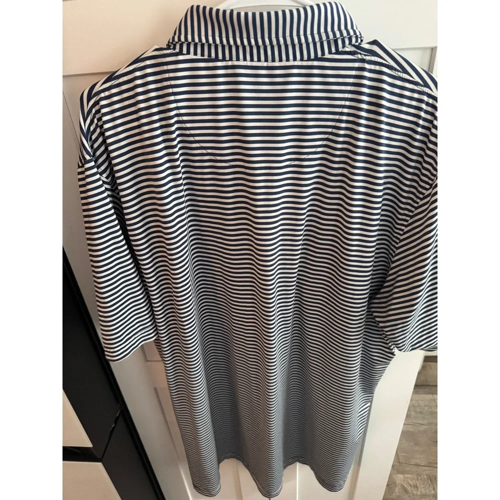 The State Company Mens XL Polo‎ Shirt Navy White Striped USA Flag Map Golf Top